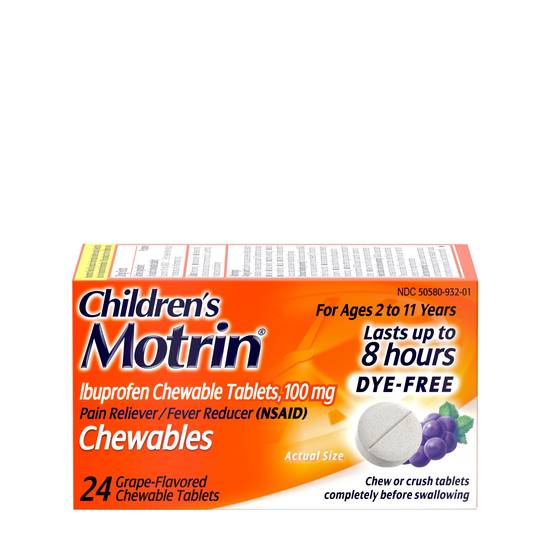 Order Motrin Children's Dye-Free Ibuprofen Chewable Tablets Grape (24 ct) food online from Rite Aid store, Willard on bringmethat.com