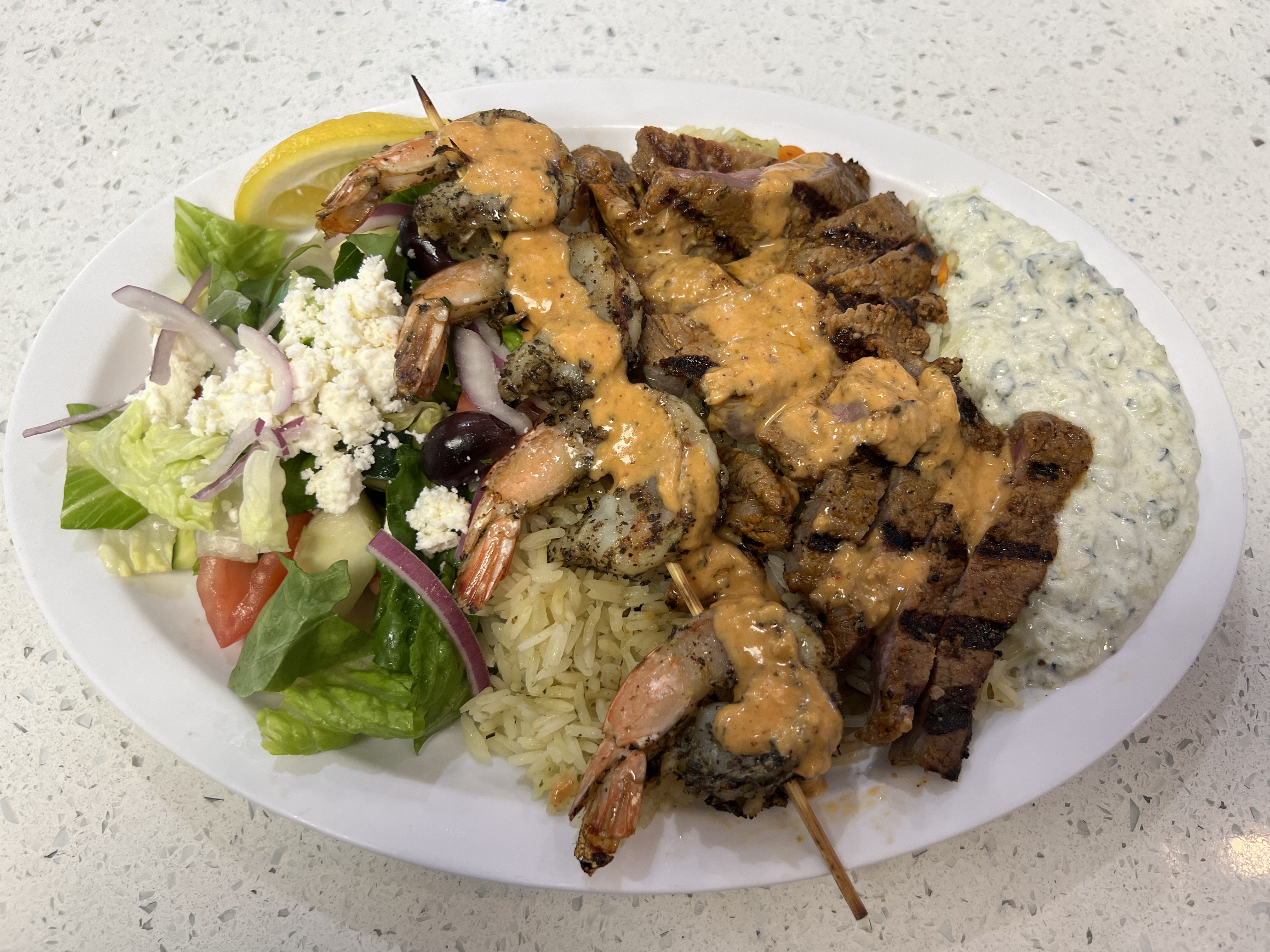 Order Steak & Shrimp Combo Plate  food online from Mikonos Grill store, Milpitas on bringmethat.com