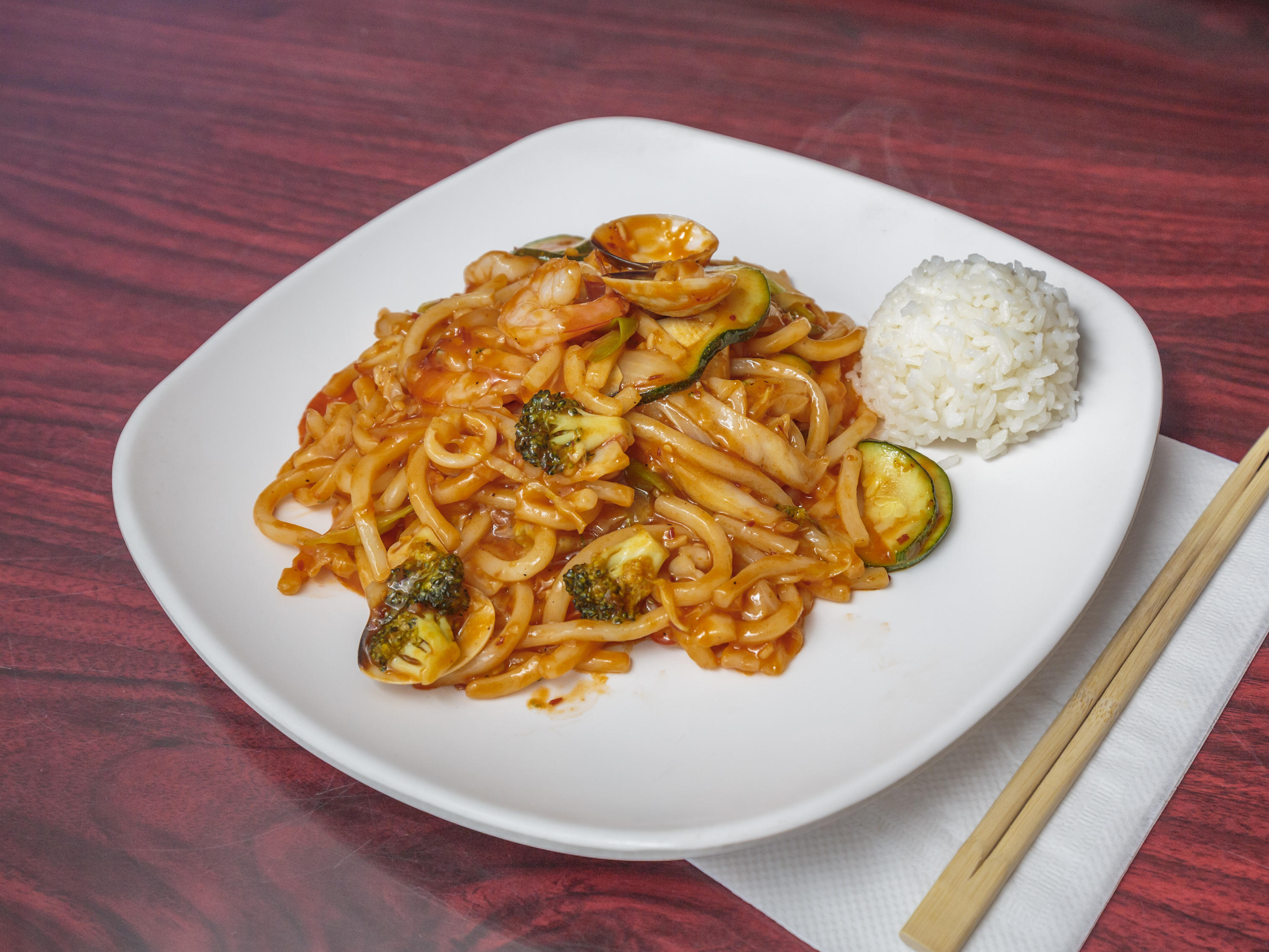 Order Spicy Seafood Yaki Udon food online from Teriyaki & Noodles store, Vancouver on bringmethat.com