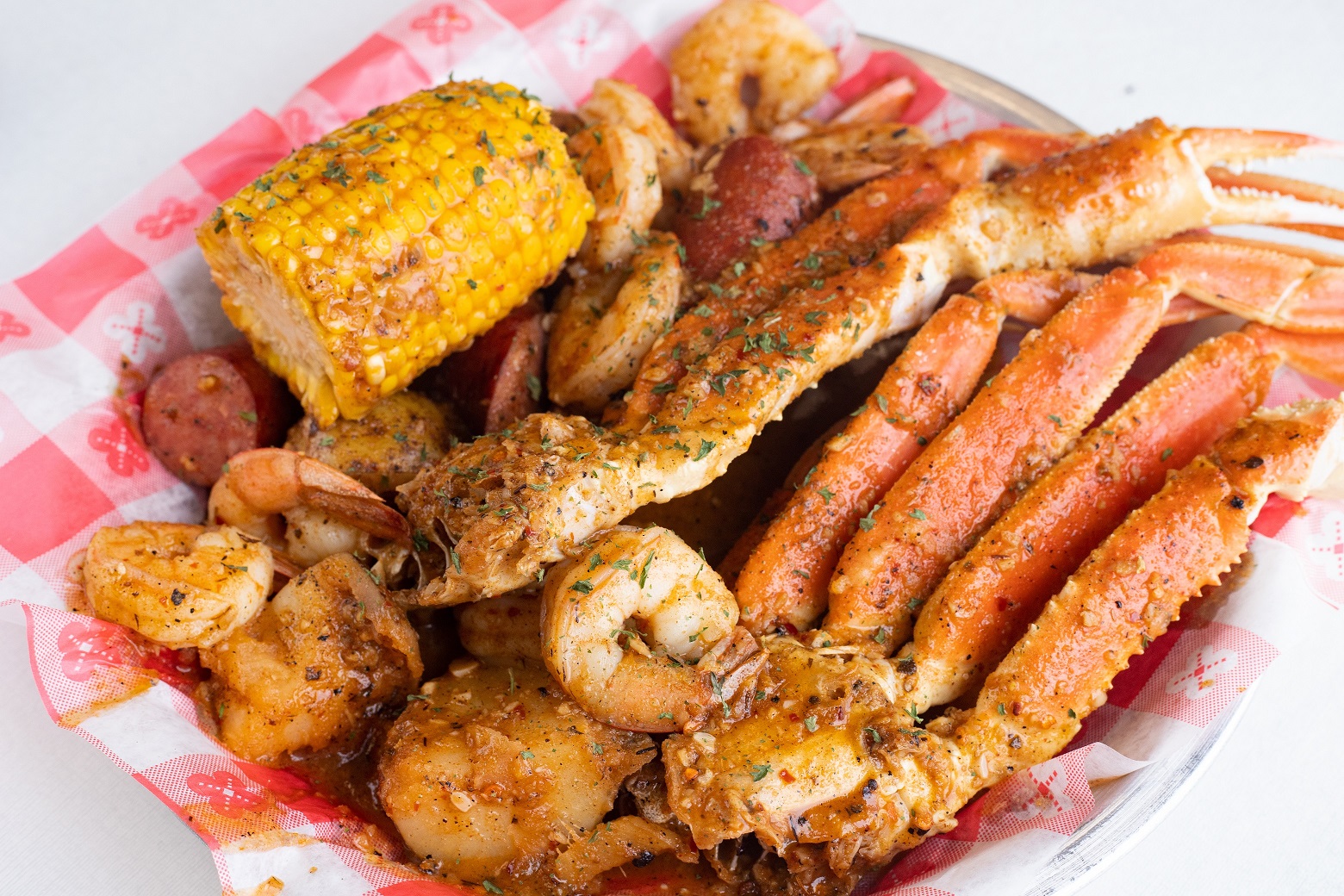 Order Special Seafood Combo (2 Cluster Snow Crab Legs, 10 Shrimps Head-Off, 1 Corn, 3 Sausages, & 8 Potatoes) food online from Joyful House store, Saint Louis on bringmethat.com