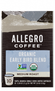 Order Organic Early Bird Blend Capsules food online from Allegro Coffee Company store, Oklahoma City on bringmethat.com