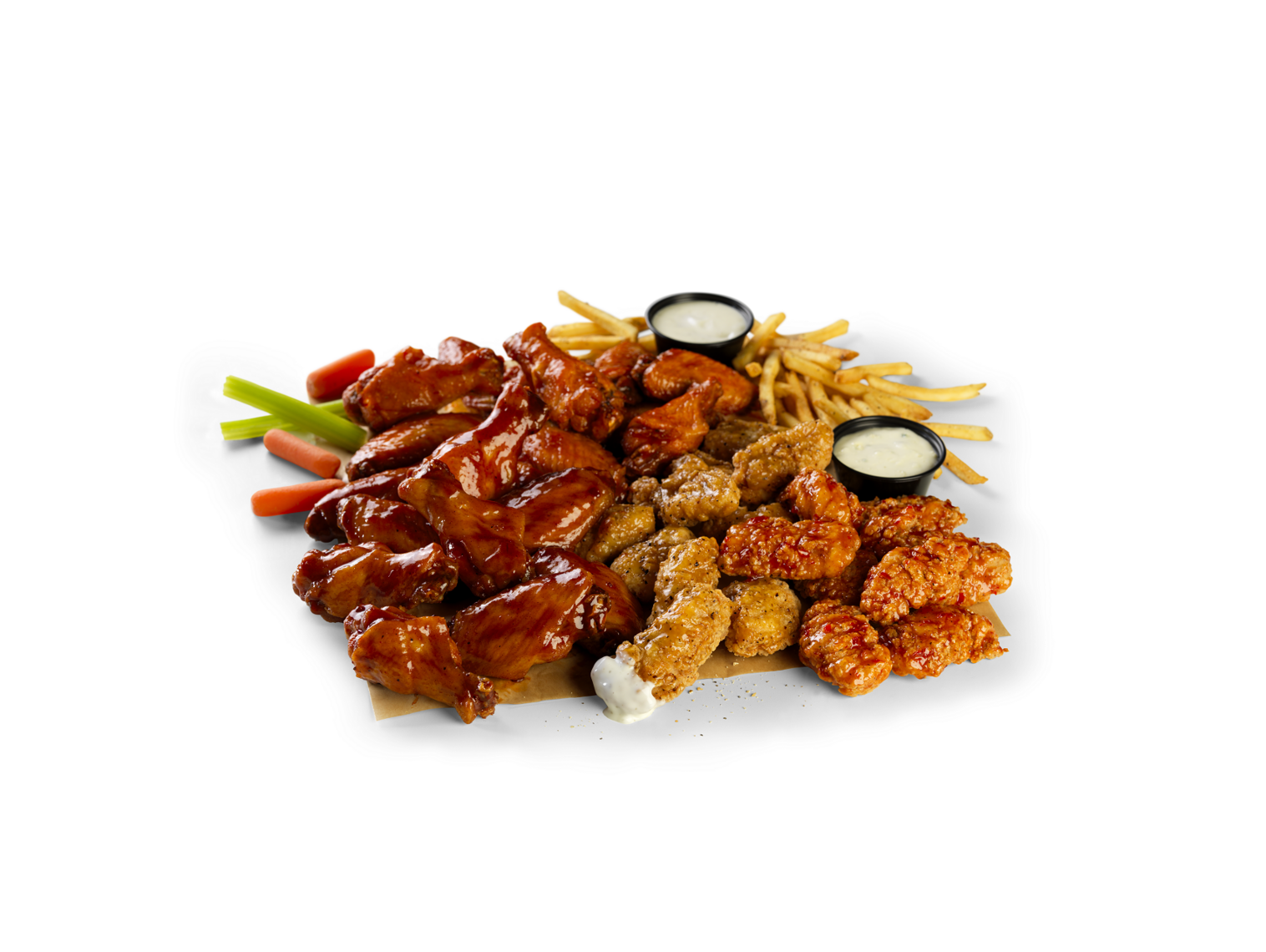 Order 20 Boneless + 20 Traditional Wings & Fries food online from Wild Burger store, Cincinnati on bringmethat.com