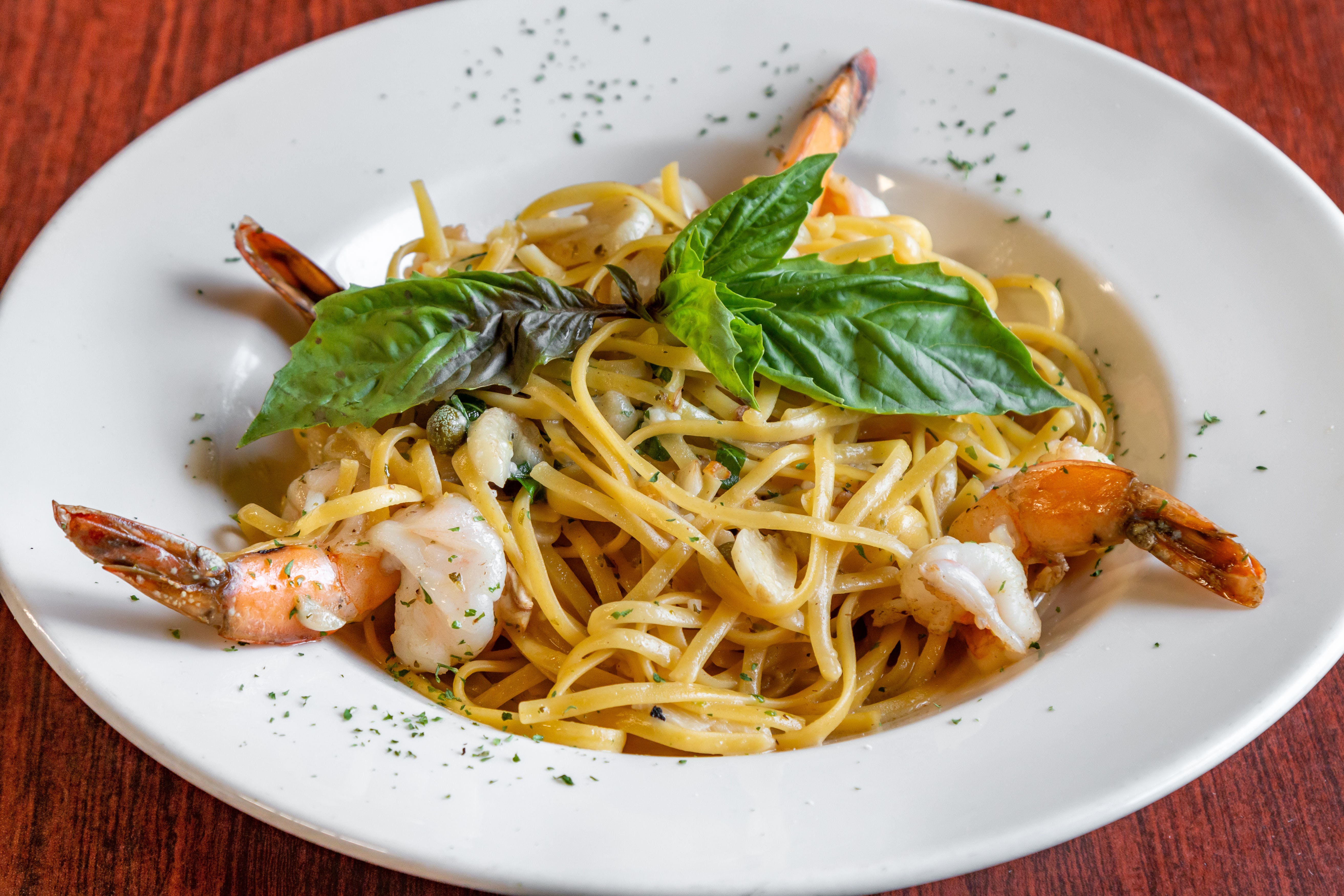 Order Shrimp Scampi - Seafood Entrees food online from Saybrook Pizza & Restaurant store, Old Saybrook on bringmethat.com