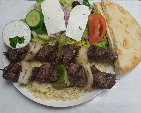 Order 8. Lamb Souvlaki Plate food online from The Greek Cafe store, San Diego on bringmethat.com