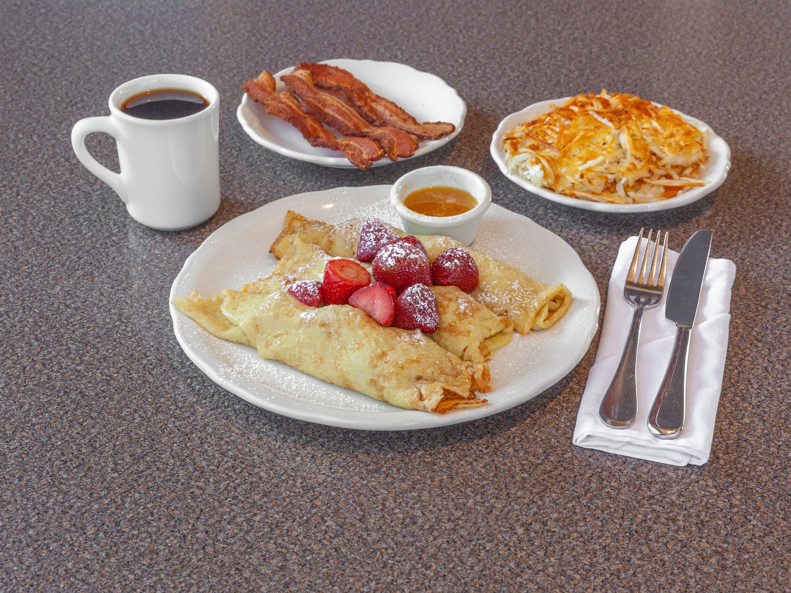 Order Fresh French Strawberry Crepes food online from Richard Walker's Pancake House store, Crystal Lake on bringmethat.com