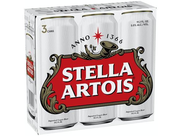 Order Stella Artois - 3x 19.2oz Cans food online from S H Liquor Market store, Los Angeles on bringmethat.com