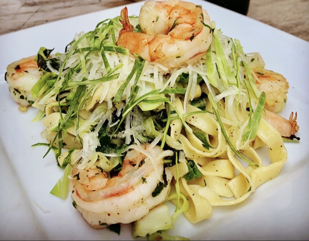 Order * Special*Handmade Tagliatelle with Sautéed Shrimp, White Cabbage, Roasted Garlic, and Pecorino Cheese food online from Ringolevio store, Brooklyn on bringmethat.com