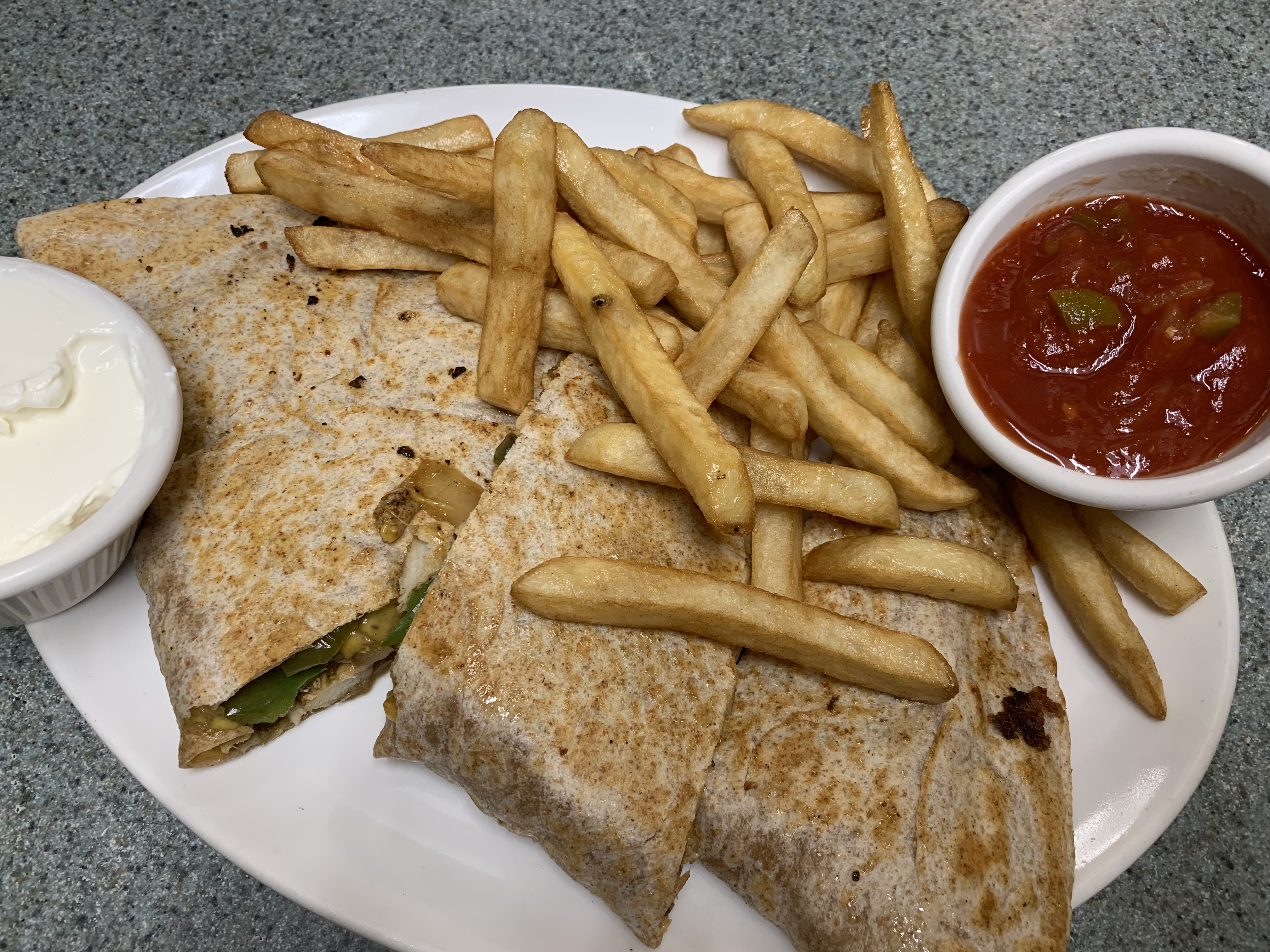 Order Chicken Quesadilla & French fries food online from Granite Street Cafe store, Quincy on bringmethat.com