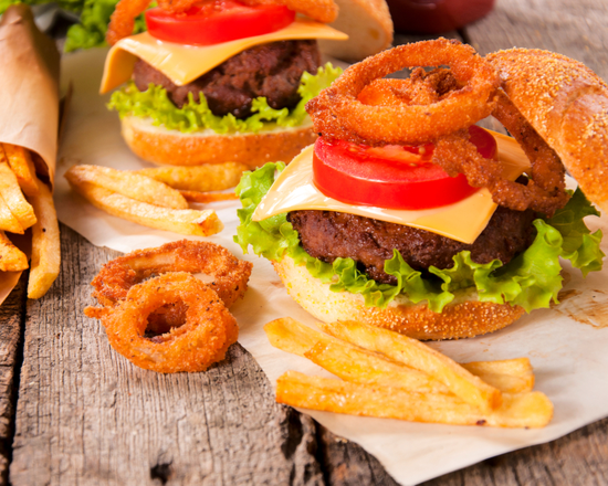Order Onion Ring Cheeseburger with Fries food online from The Burger Trilogy store, San Francisco on bringmethat.com