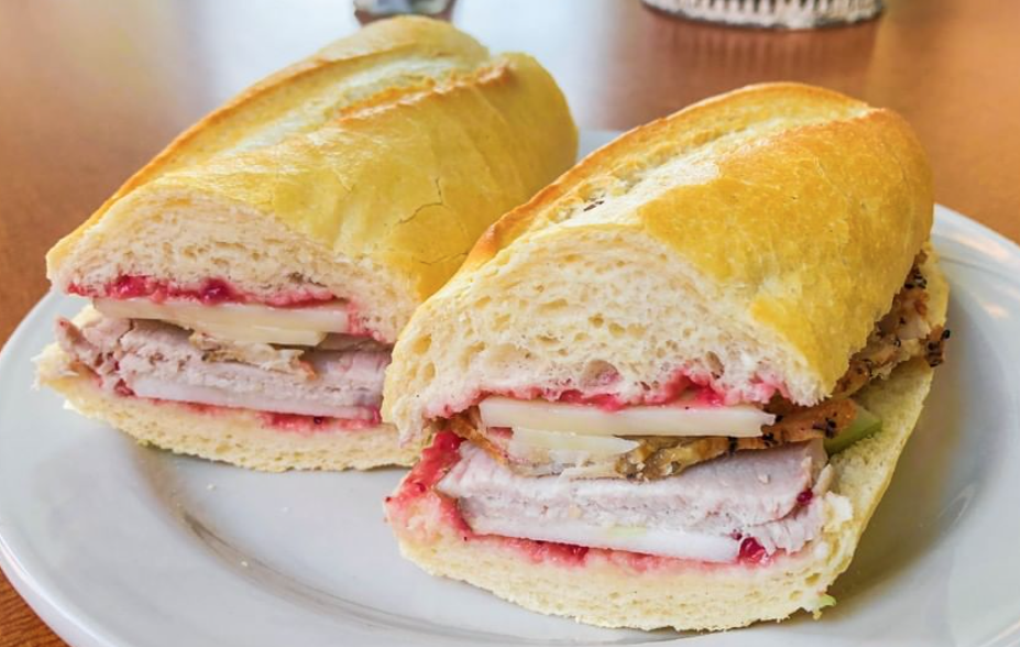 Order #5. Roast Pork and Cranberry Sandwich food online from Boulangerie Cafe store, Syracuse on bringmethat.com