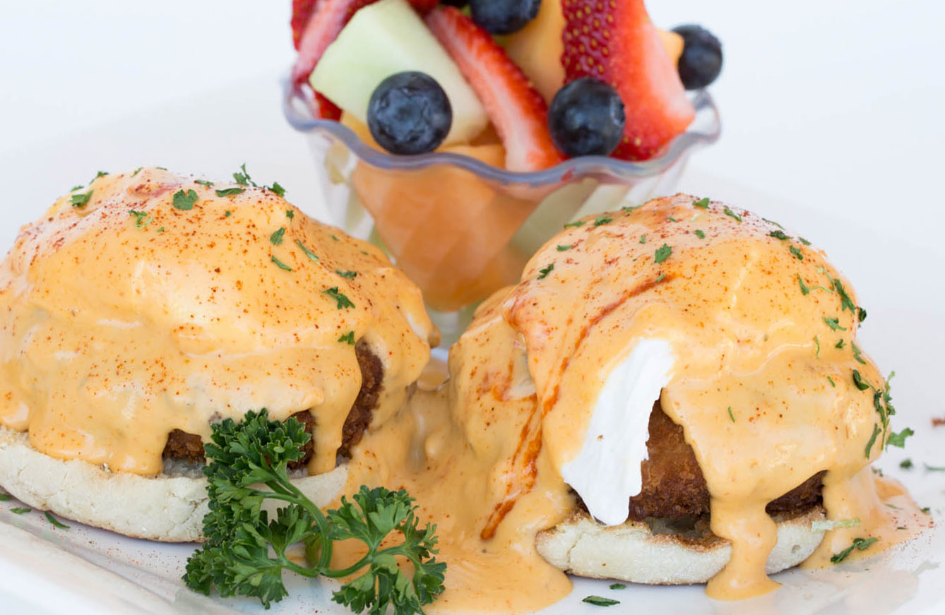 Order Spicy Crab Cake Benedict food online from Mikayla's Cafe store, Santa Clara on bringmethat.com