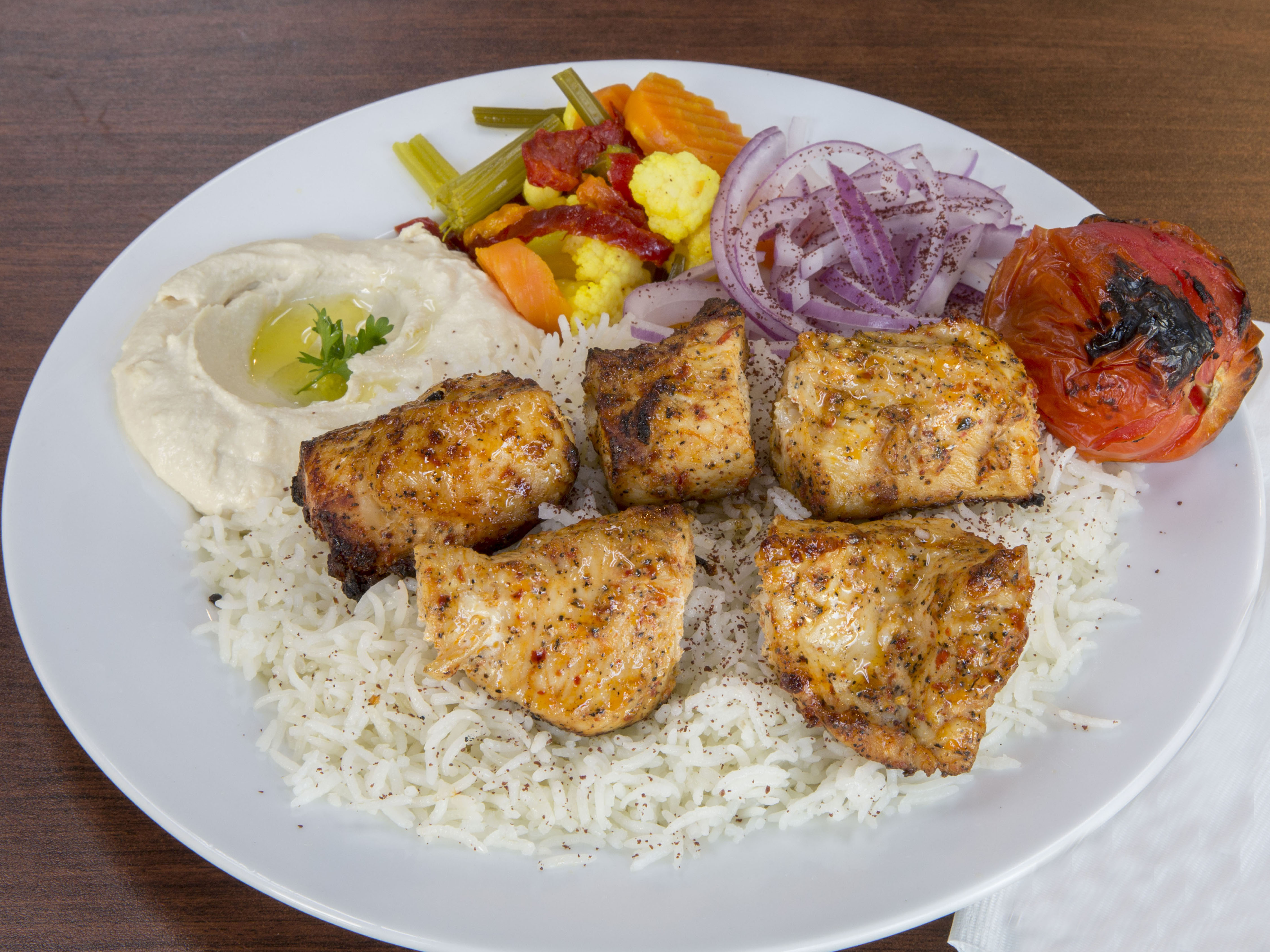 Order Chicken Shish Kebab Plate food online from "AKKAD Mediterranean & Iraqi Grill " store, Glendale on bringmethat.com