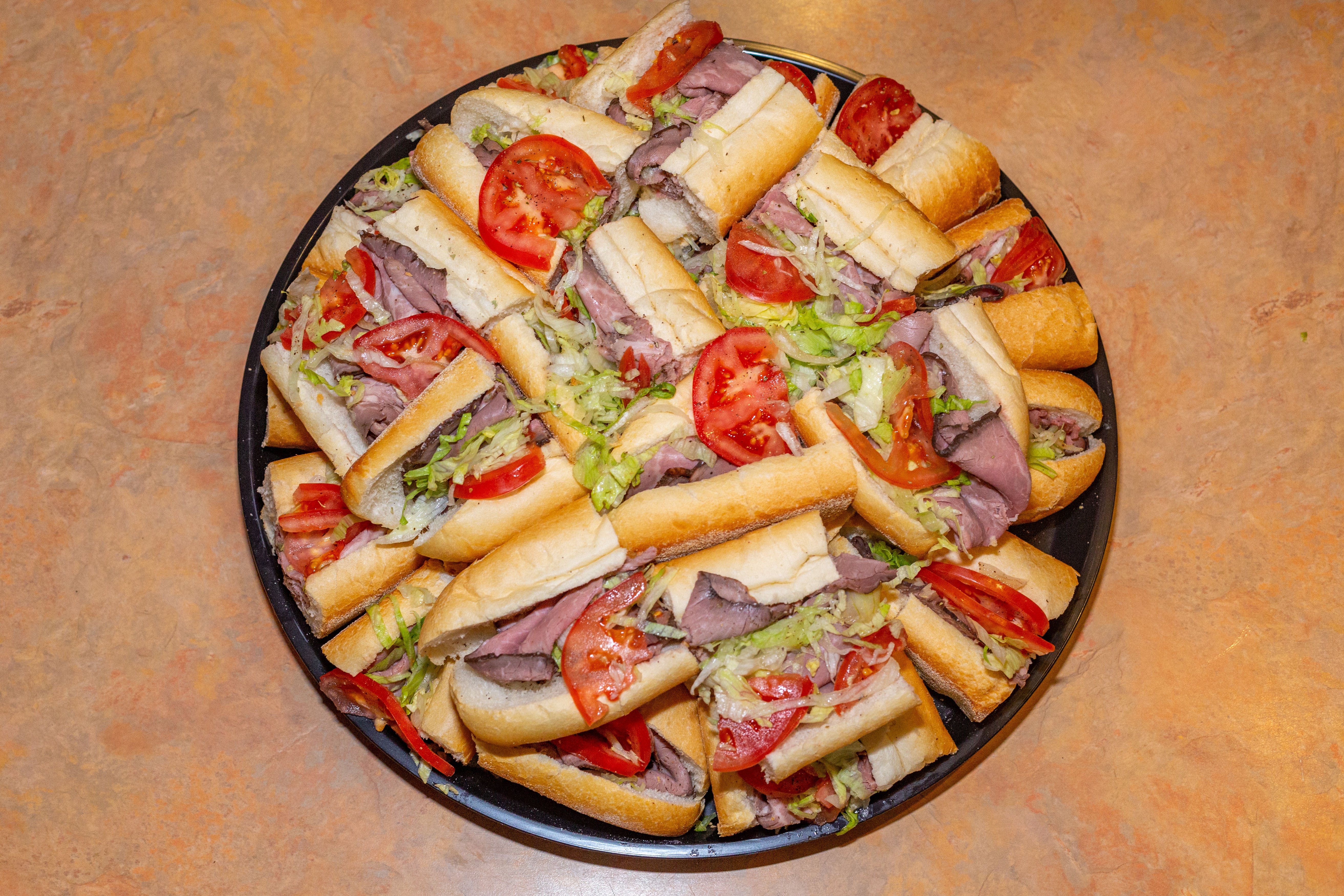 Order Roast Beef Hoagie Tray Catering - Catering food online from Roma Pizza store, West Berlin on bringmethat.com