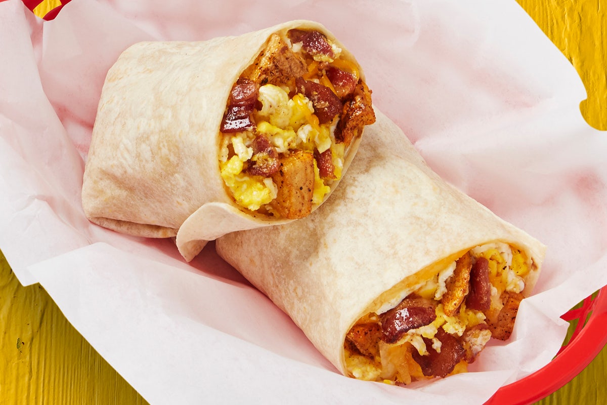 Order Bacon, Potatoes, Egg, & Cheese Burrito food online from Fuzzys Taco Shop store, Arlington on bringmethat.com