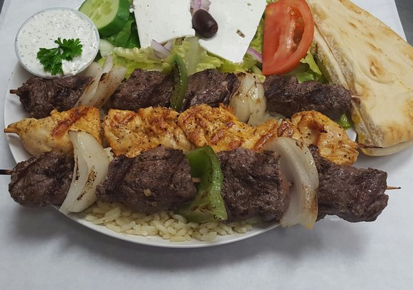 Order 7. Chicken Beef and Lamb Kabab food online from The Greek Cafe store, San Diego on bringmethat.com