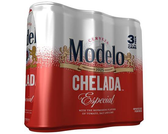 Order Modelo Especial Chelada, 3pk-24oz can beer (3.5% ABV) food online from Samco Food Store store, Bakersfield on bringmethat.com