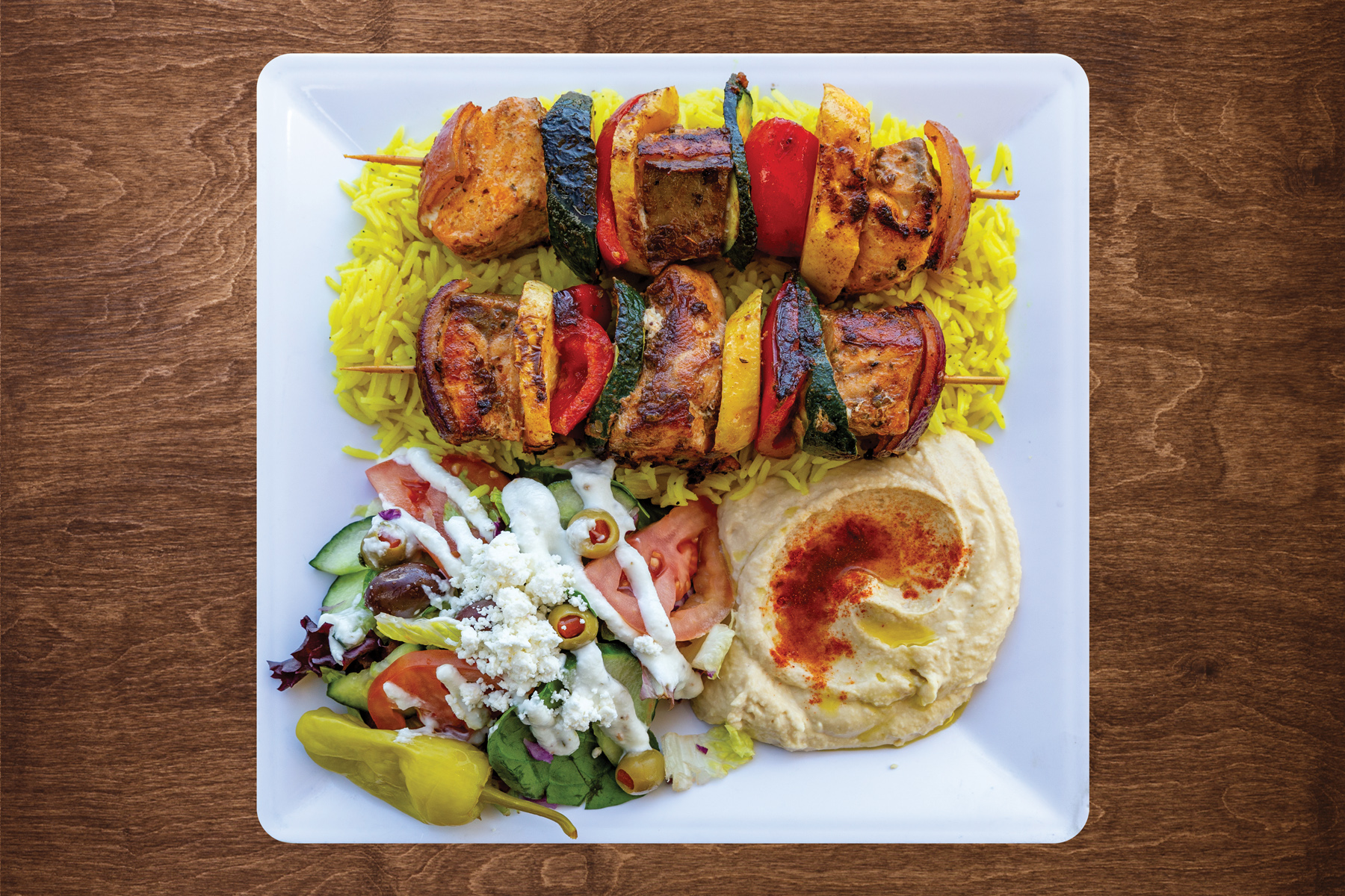 Order Salmon Kebab Plate food online from The Green Olive store, Santa Fe Springs on bringmethat.com