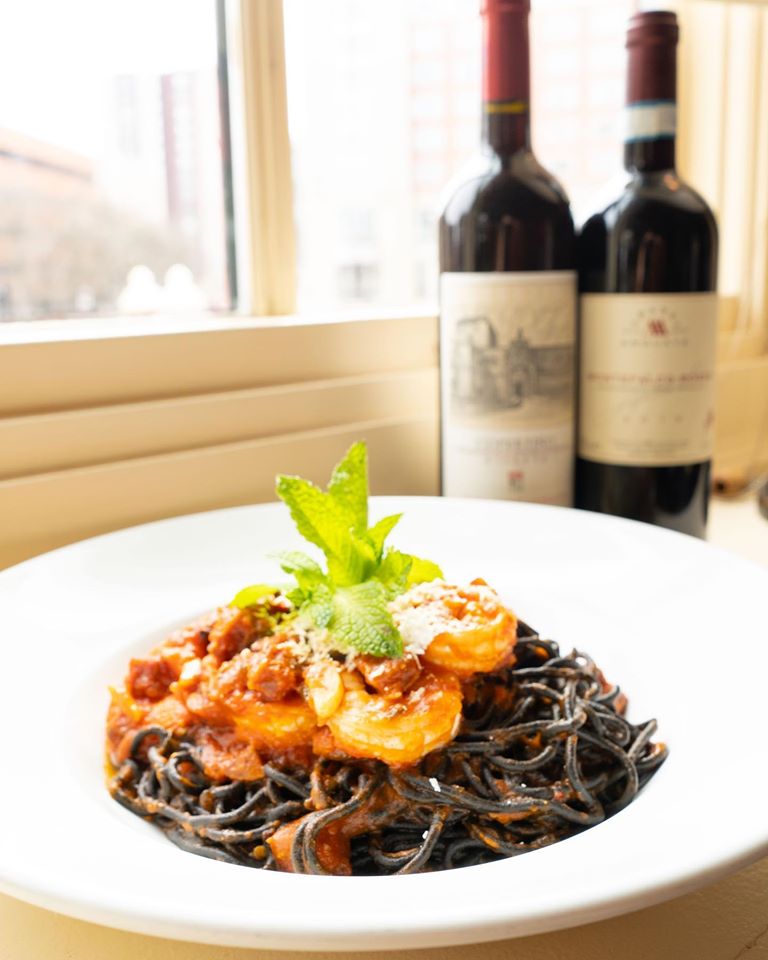 Order Squid Ink Spaghetti with Shrimp food online from Catherine Lombardi store, New Brunswick on bringmethat.com