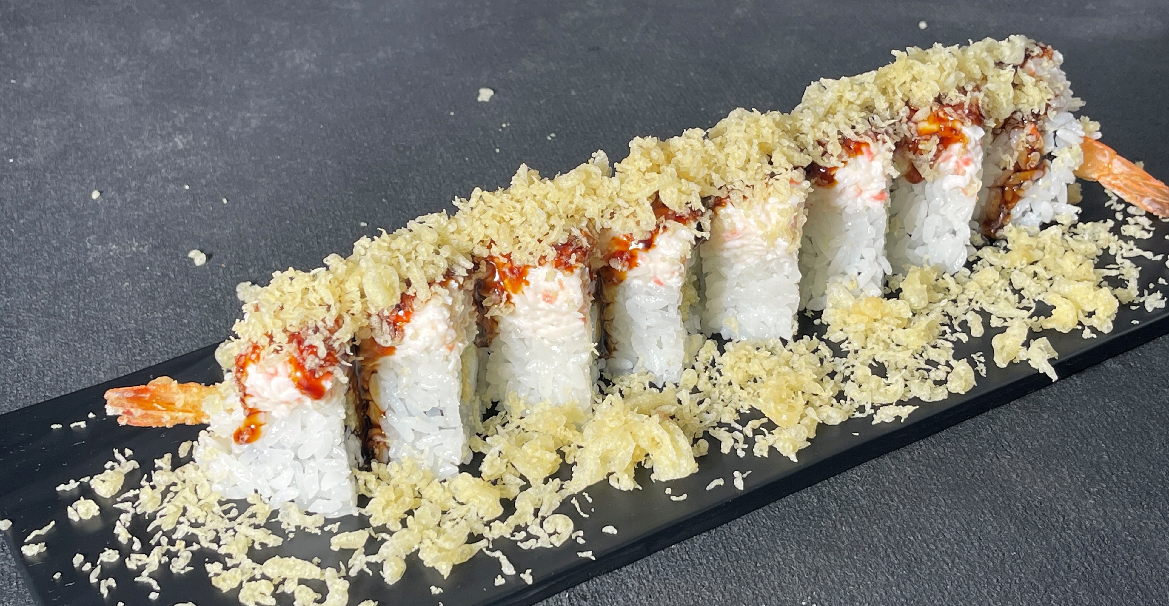 Order 34. Crunchy Shrimp Cut Roll food online from Miyoda Sushi store, Redondo Beach on bringmethat.com