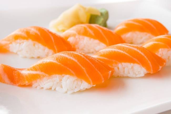 Order Salmon Nigiri (2pc) food online from B Cafe store, Quincy on bringmethat.com
