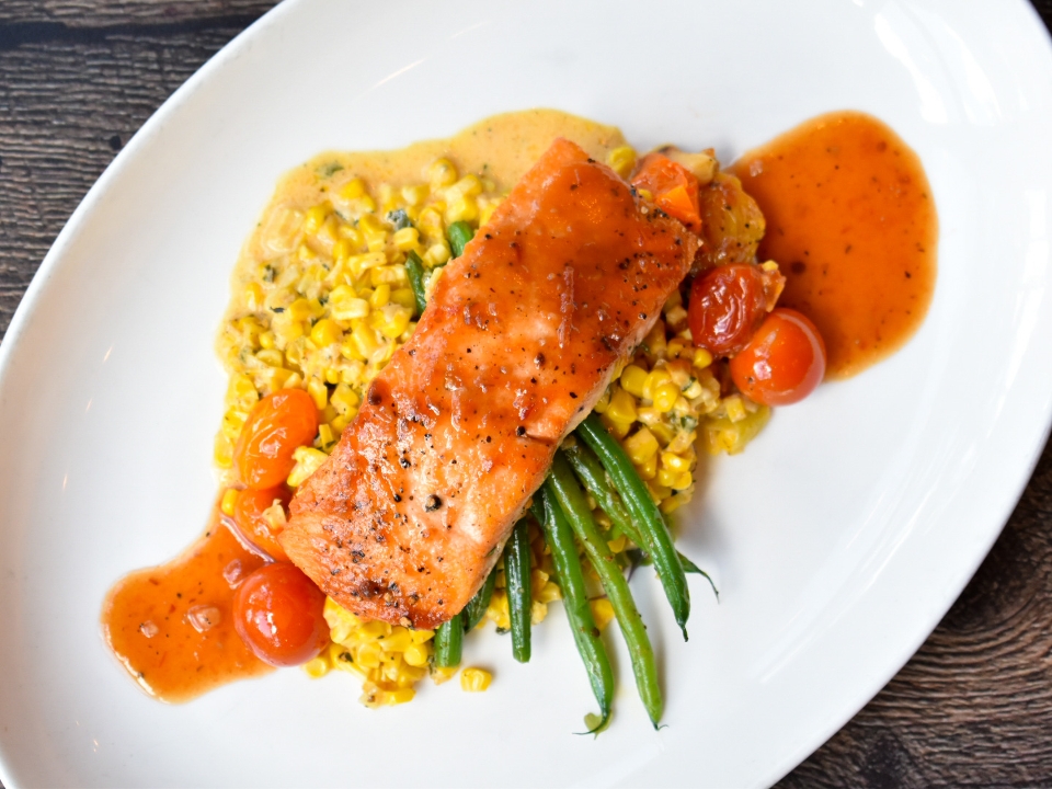 Order Peach and Bourbon Glazed Salmon food online from The Boathouse store, Midlothian on bringmethat.com