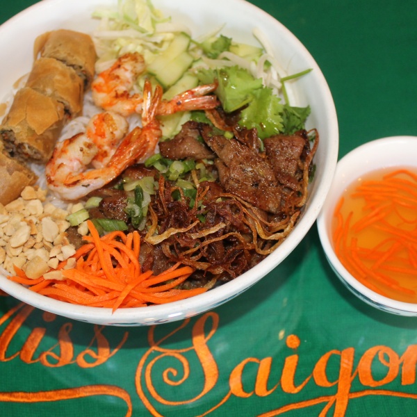 Order Grilled Shrimp, Eggroll and Choice of Meat over Vermicelli food online from Miss Saigon store, Oakland on bringmethat.com