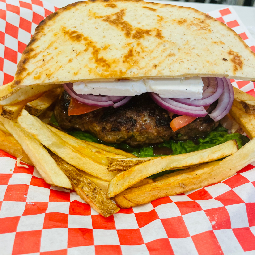 Order Greek Burger food online from Gyro Jimmys store, Carle Place on bringmethat.com