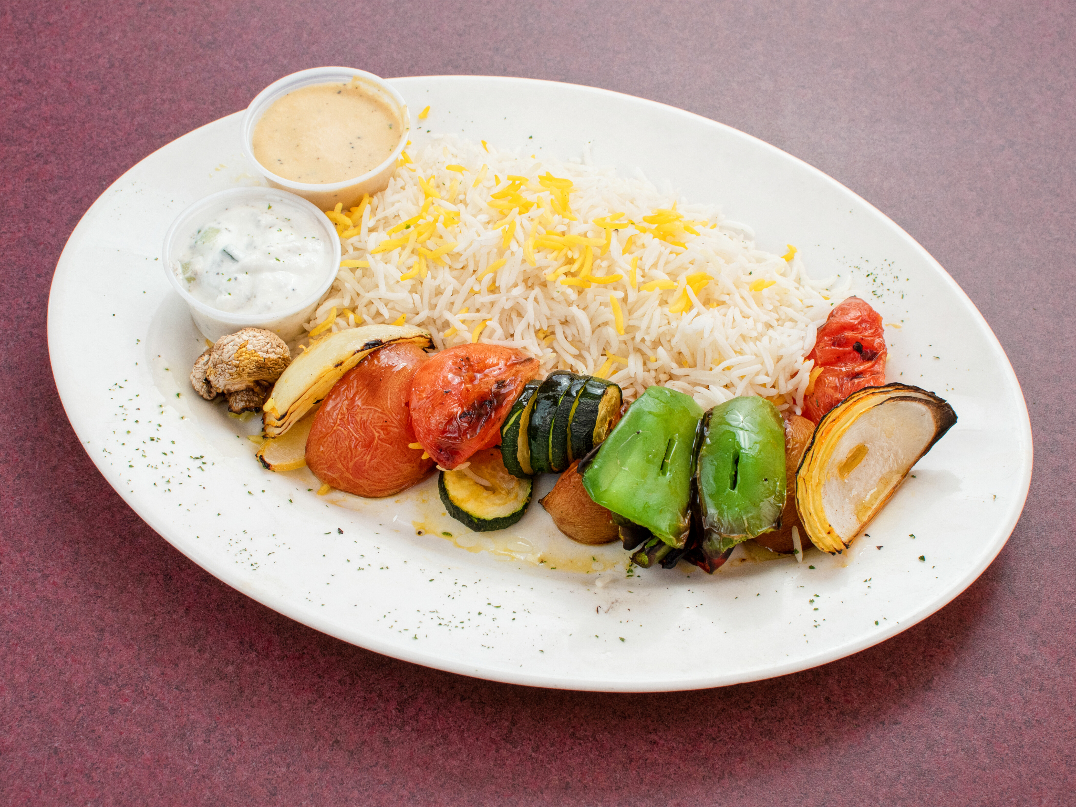 Order Vegetable Kabob food online from Alfredo's Mediterranean Grille and Steakhouse store, Charles Town on bringmethat.com