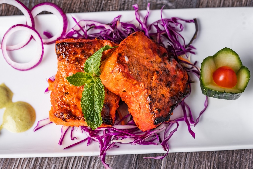 Order Tandoori Salmon (Chef's Special, GF) food online from Lime & Lemon Indian Grill store, Raleigh on bringmethat.com