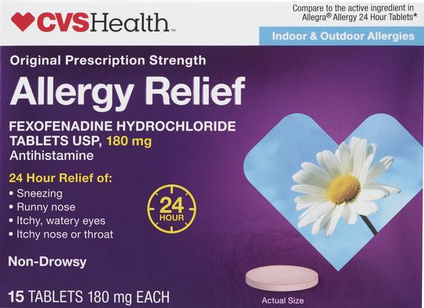 Order CVS Health Allergy Relief Non-Drowsy Fexofenadine Tablets, 15 CT food online from Cvs store, DALLAS on bringmethat.com