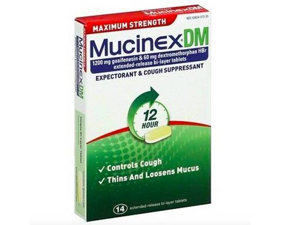 Order Mucinex DM Expectorant & Cough Supressant 12hr 14ct food online from McLean Ave Pharmacy store, Yonkers on bringmethat.com