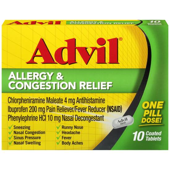 Order Advil Allergy and Congestion Relief Tablets Pain and Fever Reducer with 200 mg Ibuprofen (10 ct) food online from Rite Aid store, PITTSBURGH on bringmethat.com