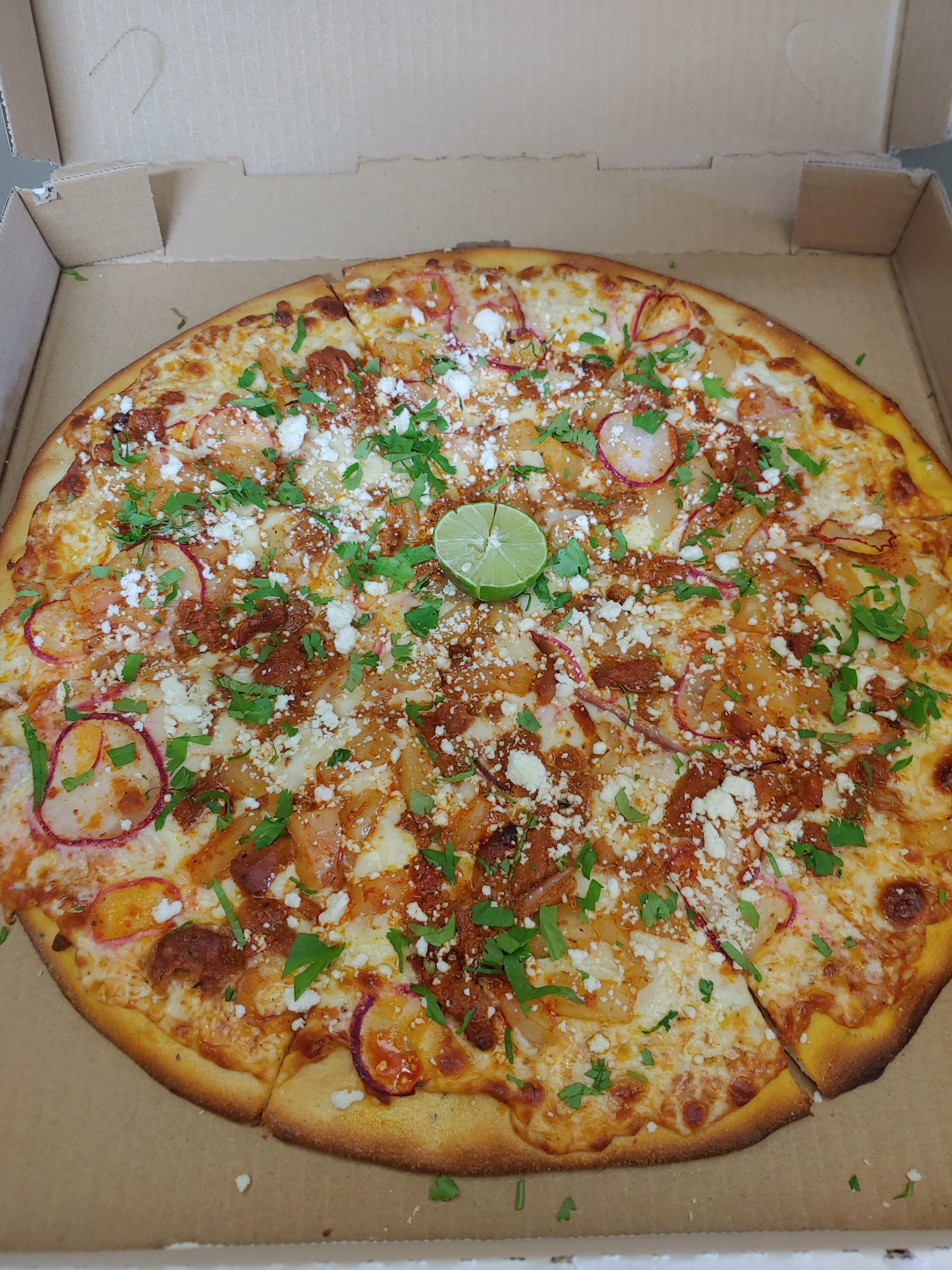 Order Al Pastor Pizza - Small 12" food online from Hungry Chameleon Pizzeria store, San Antonio on bringmethat.com