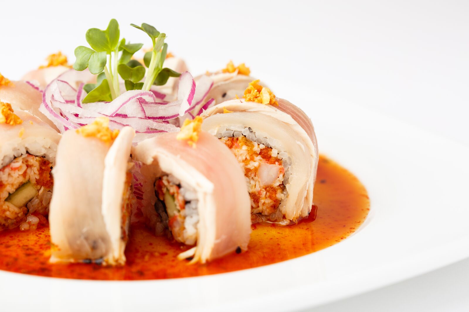 Order Albacore Crunch Roll  food online from Kabuki Japanese Restaurant - Oxnard store, Oxnard on bringmethat.com