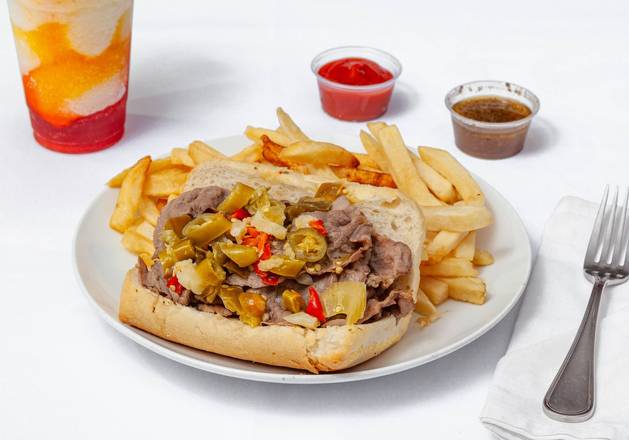 Order Italian Beef with Cheese With Fries food online from Baba's Famous Steak and Lemonade store, Carol Stream on bringmethat.com