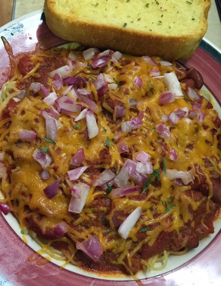 Order Spaghetti Chili Cheese and Onions food online from Gibby's store, Frankfort on bringmethat.com
