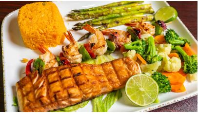 Order Salmon Con Pincho Platter food online from Pancho Villa Mexican Grill store, North Plainfield on bringmethat.com