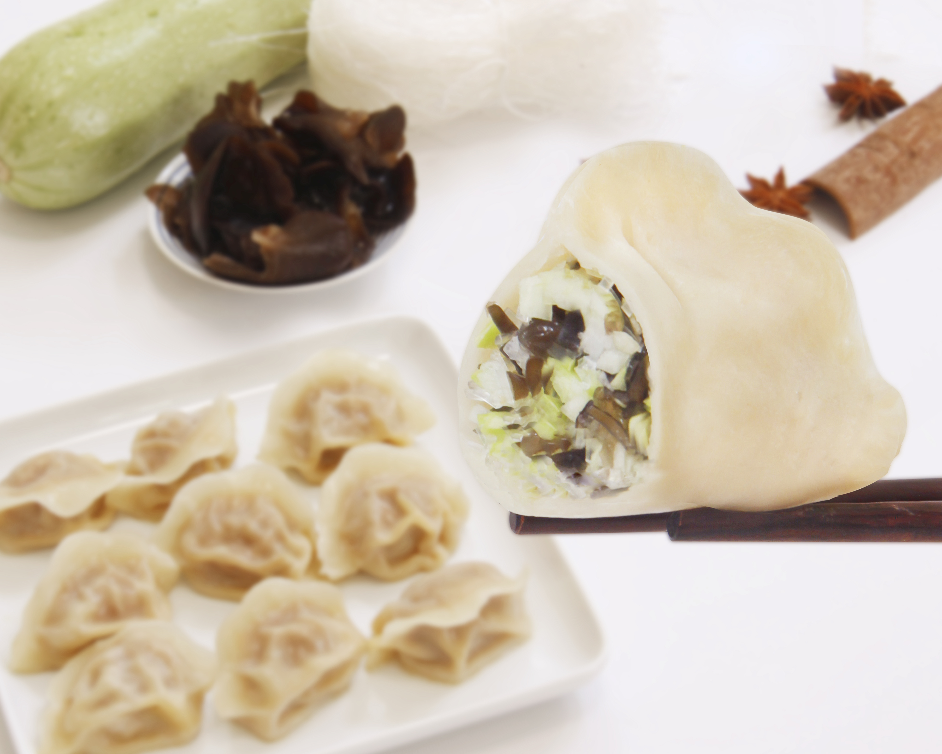 Order Zucchini, Rice Vermicelli, and Wood Ear Mushroom Dumplings  food online from Jiao By Qing Xiang Yuan Dumplings store, Chicago on bringmethat.com