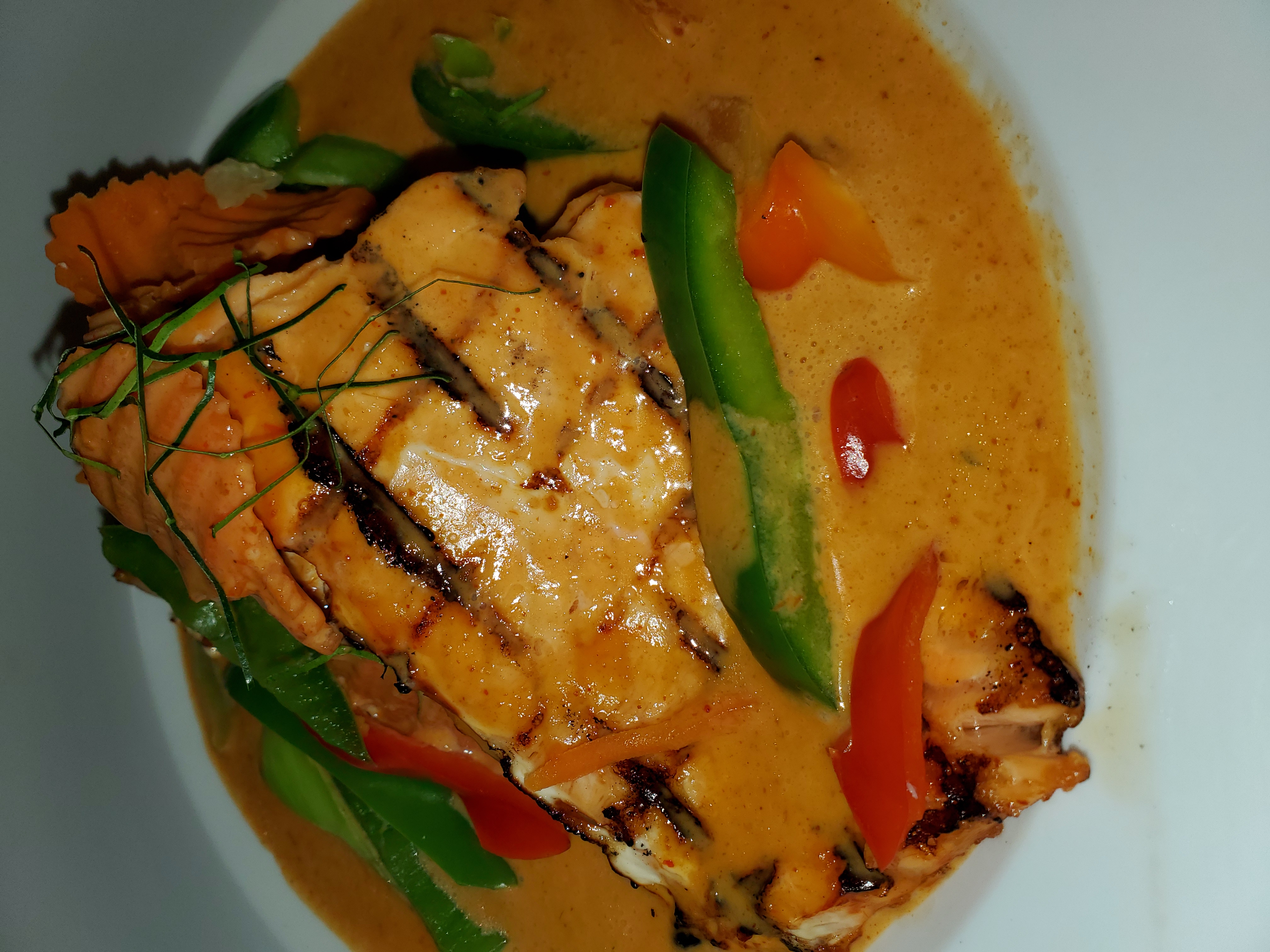 Order C9. Panang Salmon Curry food online from Thailusion store, Los Alamitos on bringmethat.com