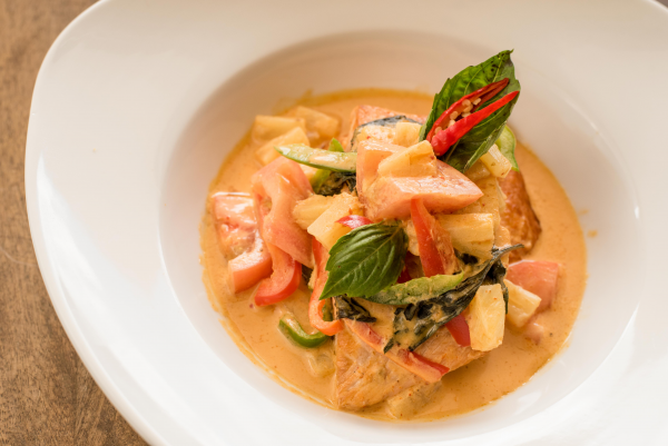 Order Grilled Salmon with Red Curry Sauce food online from Thai Jin store, Houston on bringmethat.com