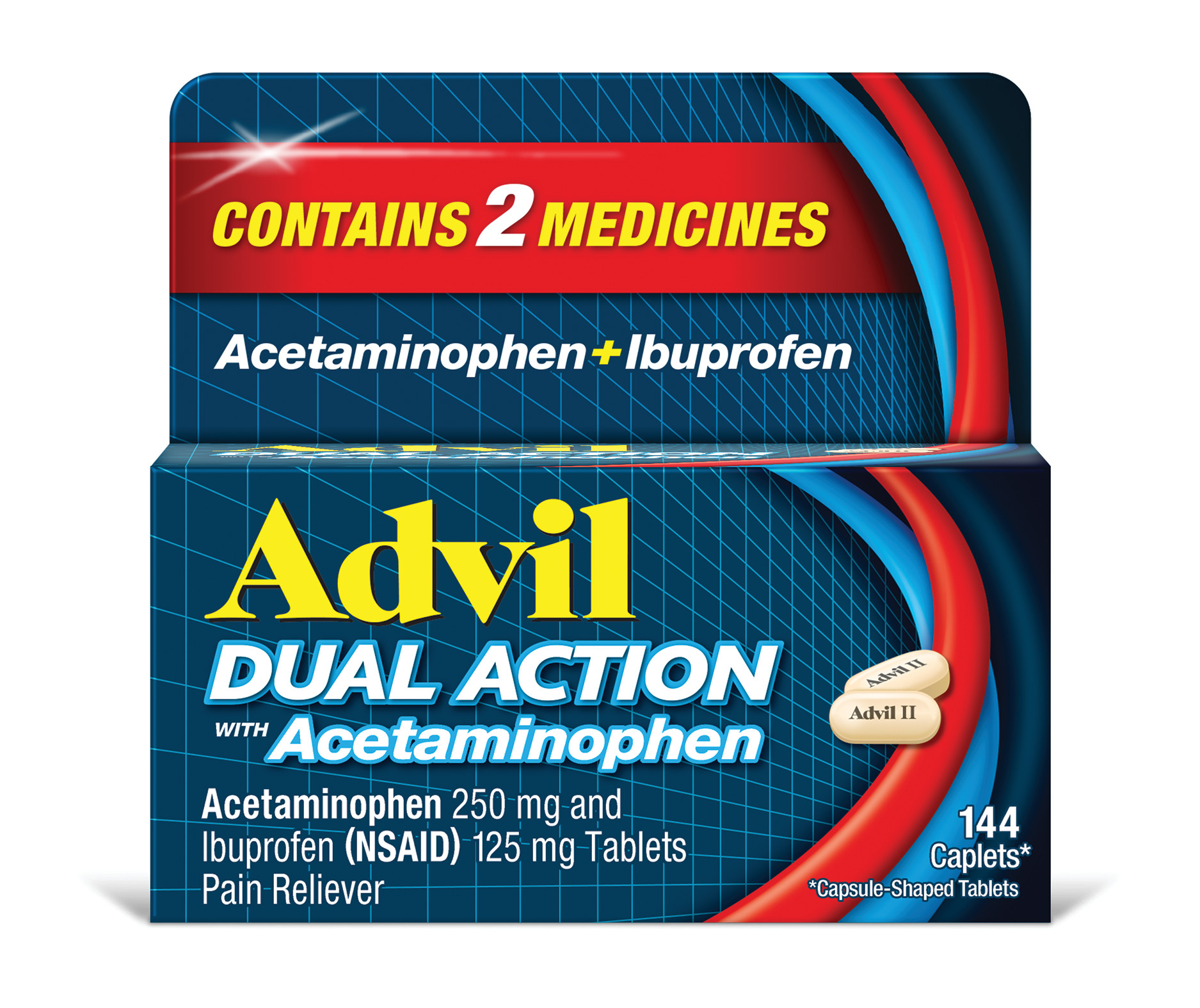 Order Advil Dual Action Coated Caplets, Acetaminophen + Ibuprofen - 144 ct food online from Rite Aid store, REEDLEY on bringmethat.com