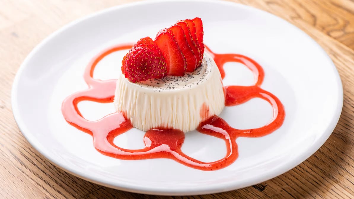 Order Panna Cotta Alle Fragole - Dessert food online from Broccolino Pizza store, Brooklyn on bringmethat.com