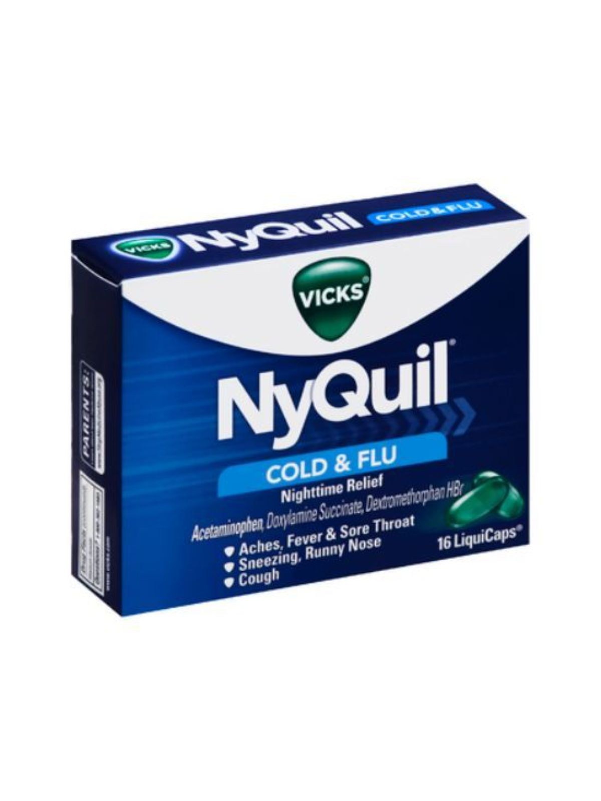 Order Vicks NyQuil Cough Cold & Flu Nighttime Relief LiquiCaps (16 count) food online from Stock-Up Mart store, Marietta on bringmethat.com