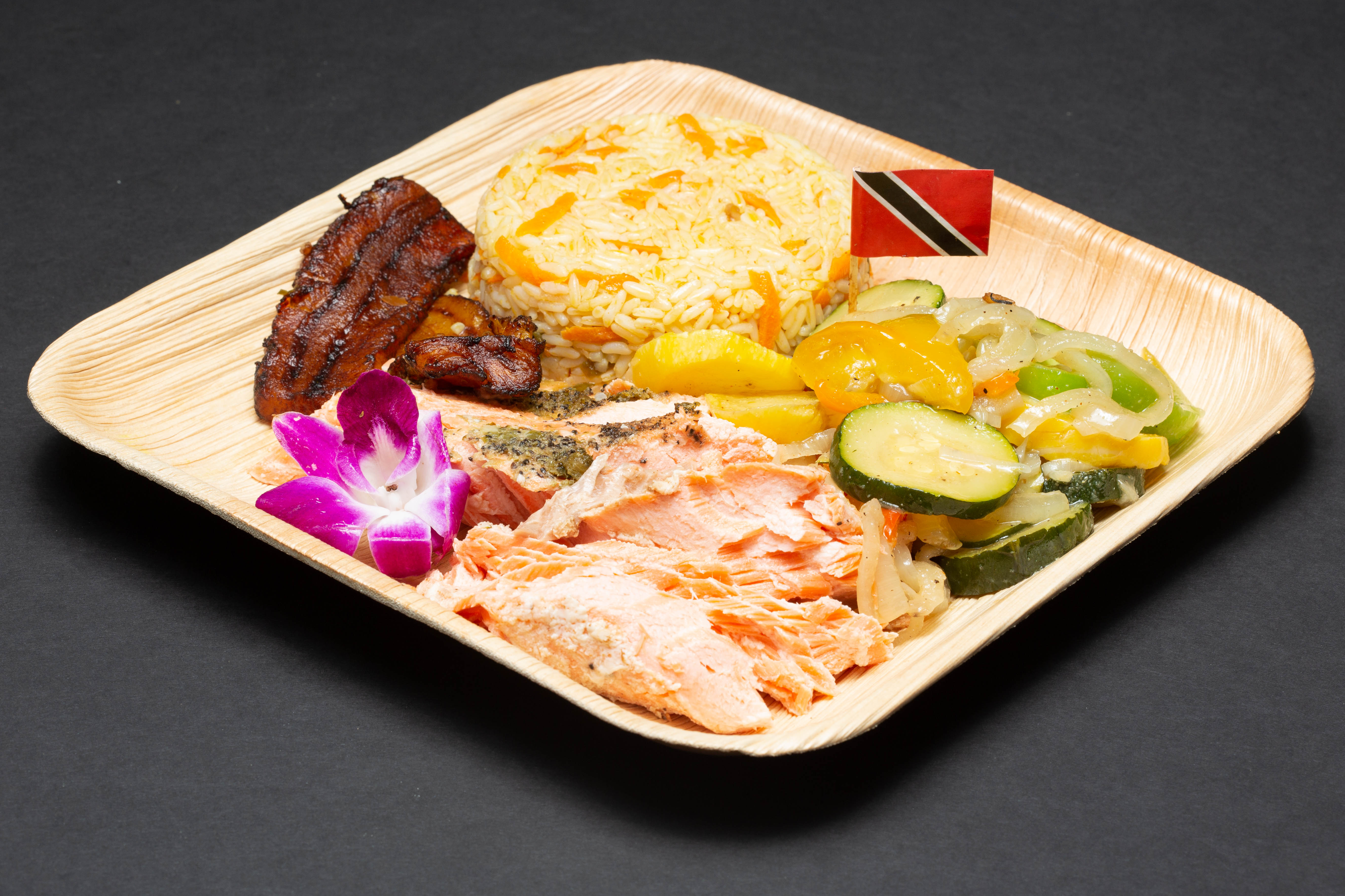 Order Grilled Salmon and Veggies with Veggie Rice food online from Cocobreeze store, Oakland on bringmethat.com