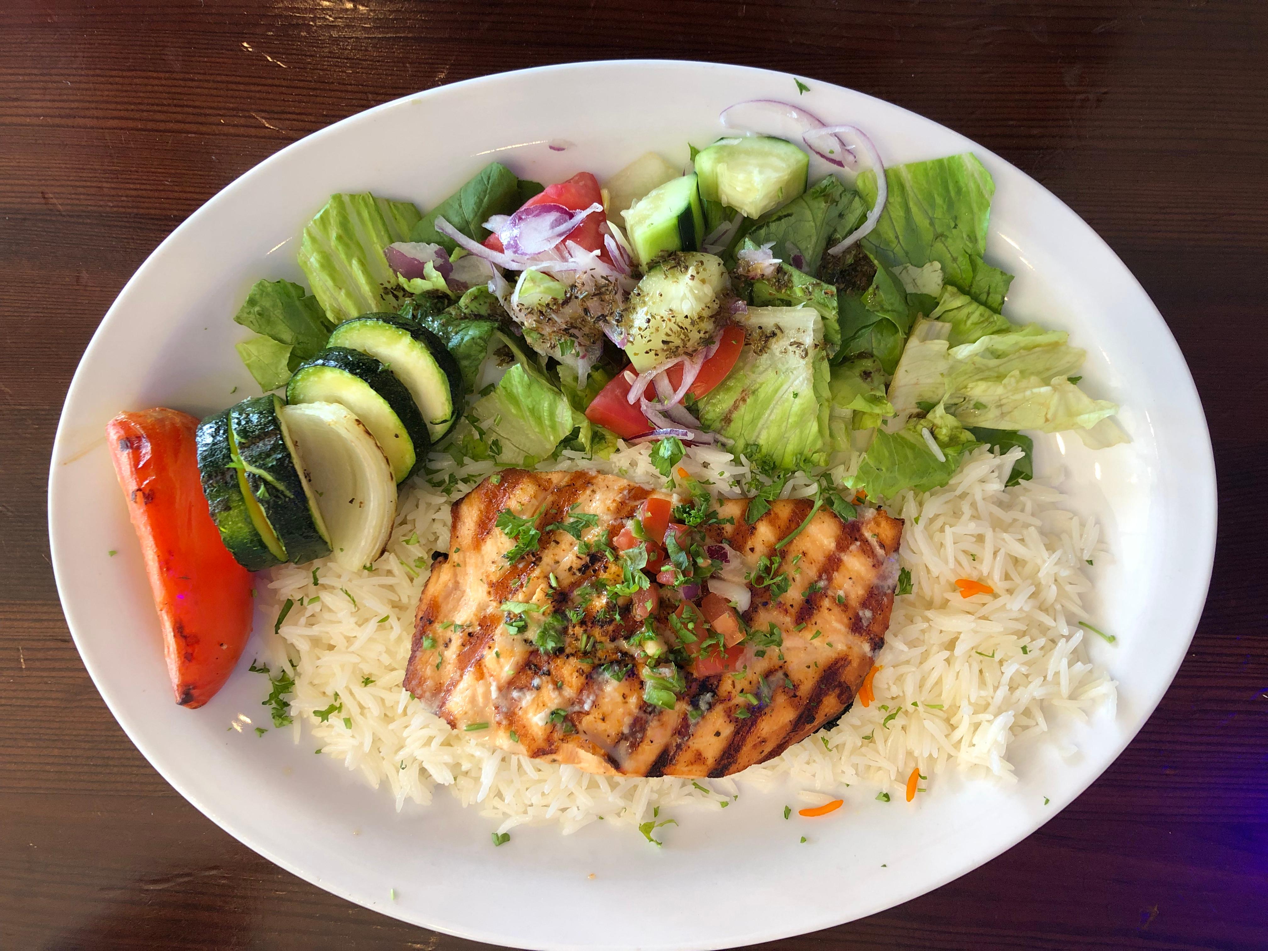 Order Salmon Plate food online from Off The Boat Fish Grill store, Placentia on bringmethat.com