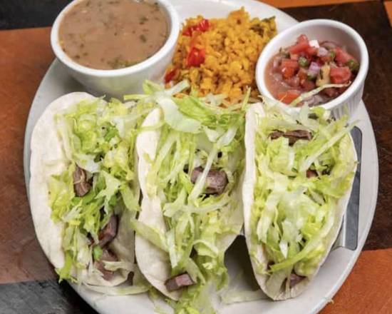 Order Beef Soft Tacos w/Rice & Beans food online from Cafe Gecko store, Fairview on bringmethat.com