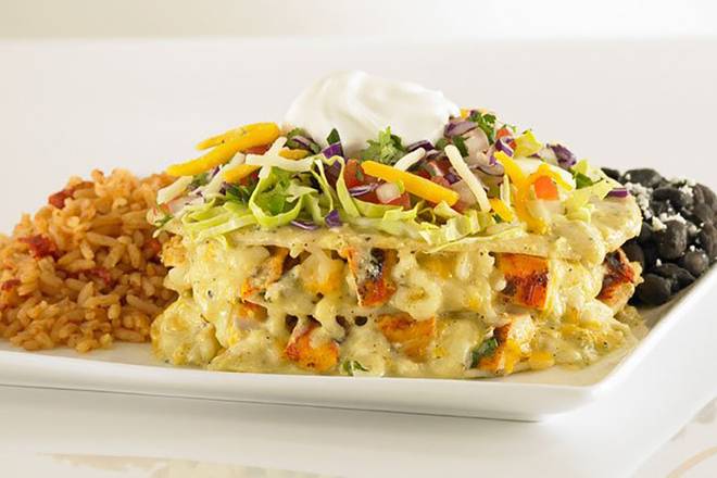 Order Stacked Chicken Enchilada food online from Sharkys Woodfired Grill Mexican store, Newbury Park on bringmethat.com