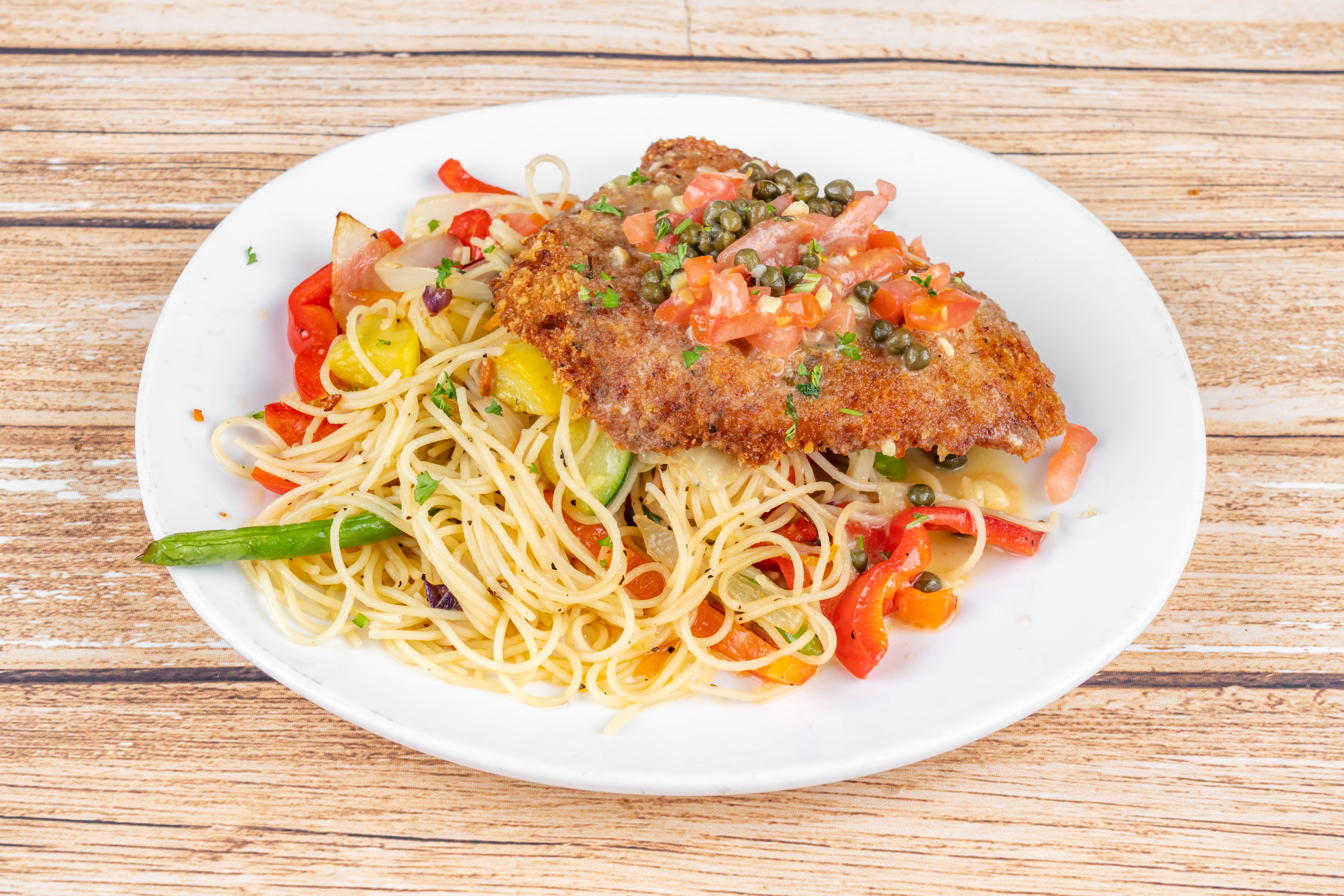 Order Chicken Milanese - Entree food online from Angelos Pizza & Pasta store, Webster on bringmethat.com