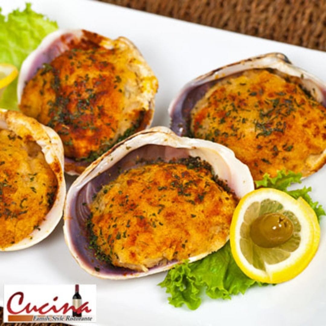 Order Baked Clams - Half (Serves 1 Person) food online from Cucina Family Style Restorante store, East Quogue on bringmethat.com