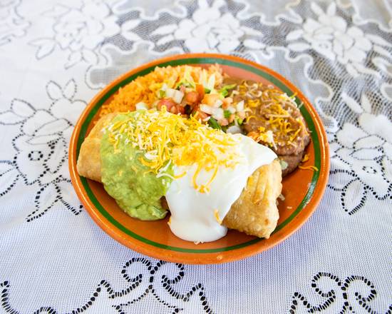 Order 8.  Chimichanga Combo (Any meat) food online from Rivas Mexican Grill #5 store, Las Vegas on bringmethat.com